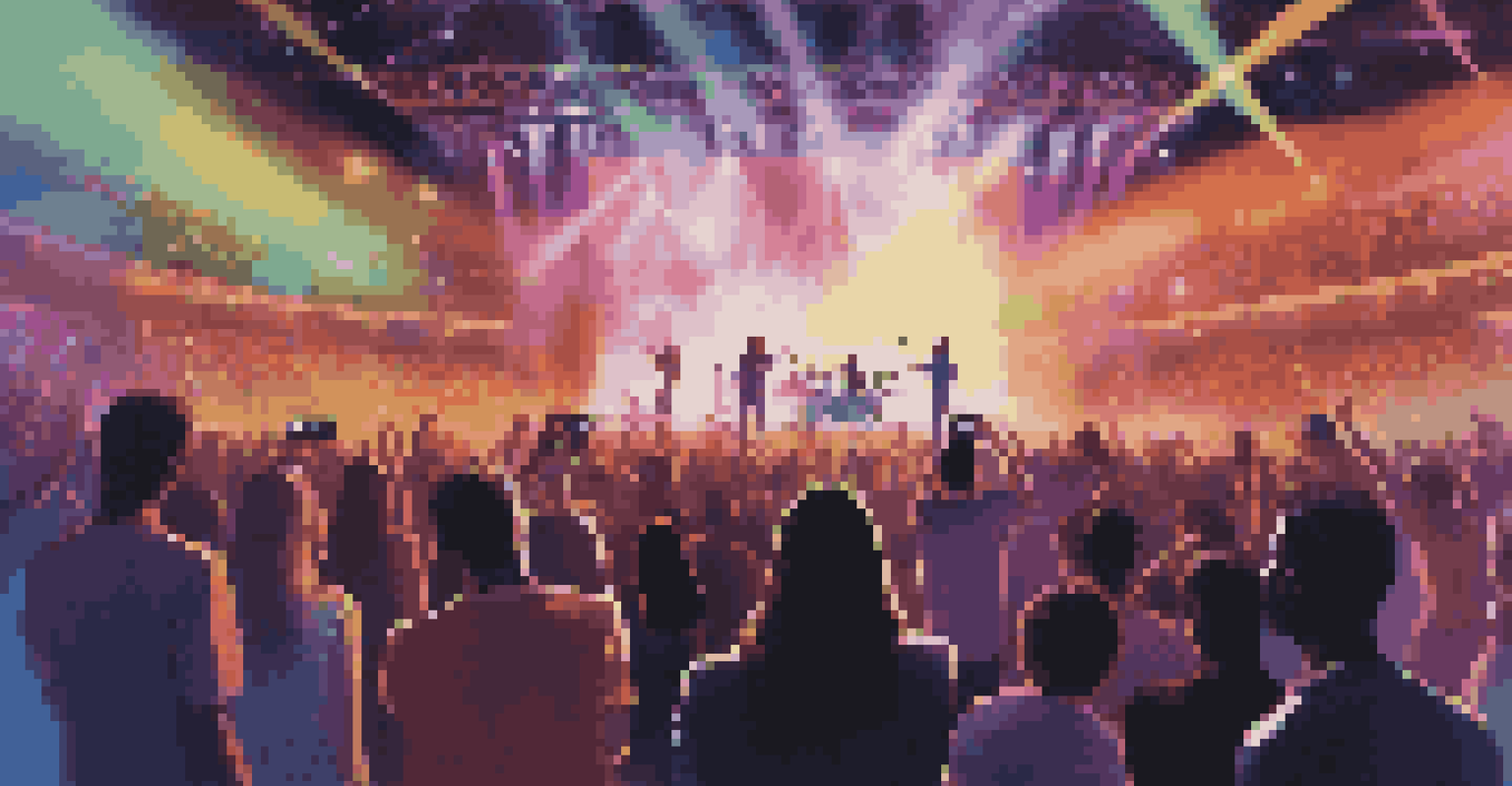 A digital concert with a vibrant stage and enthusiastic audience, featuring holographic visuals of the performing artist and people using smartphones to record the event.
