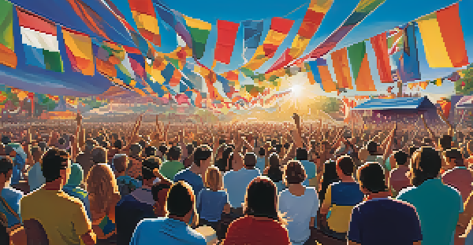 A lively outdoor music festival with diverse attendees enjoying performances, colorful flags, and musicians playing various instruments under a bright blue sky.