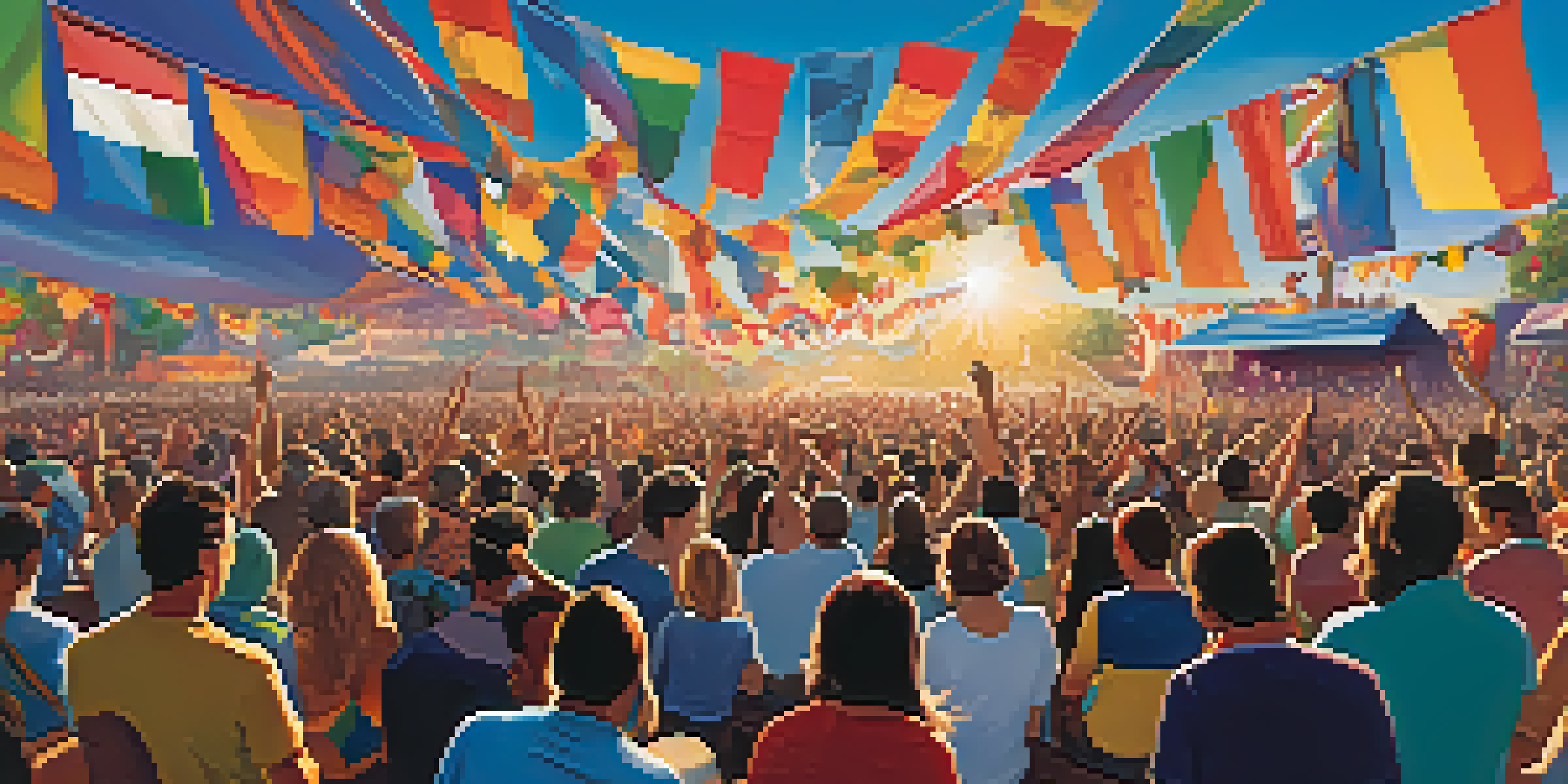 A lively outdoor music festival with diverse attendees enjoying performances, colorful flags, and musicians playing various instruments under a bright blue sky.