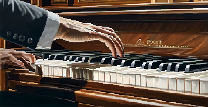 A close-up of a pianist's hands over a grand piano keyboard, emphasizing finger strength and detail.