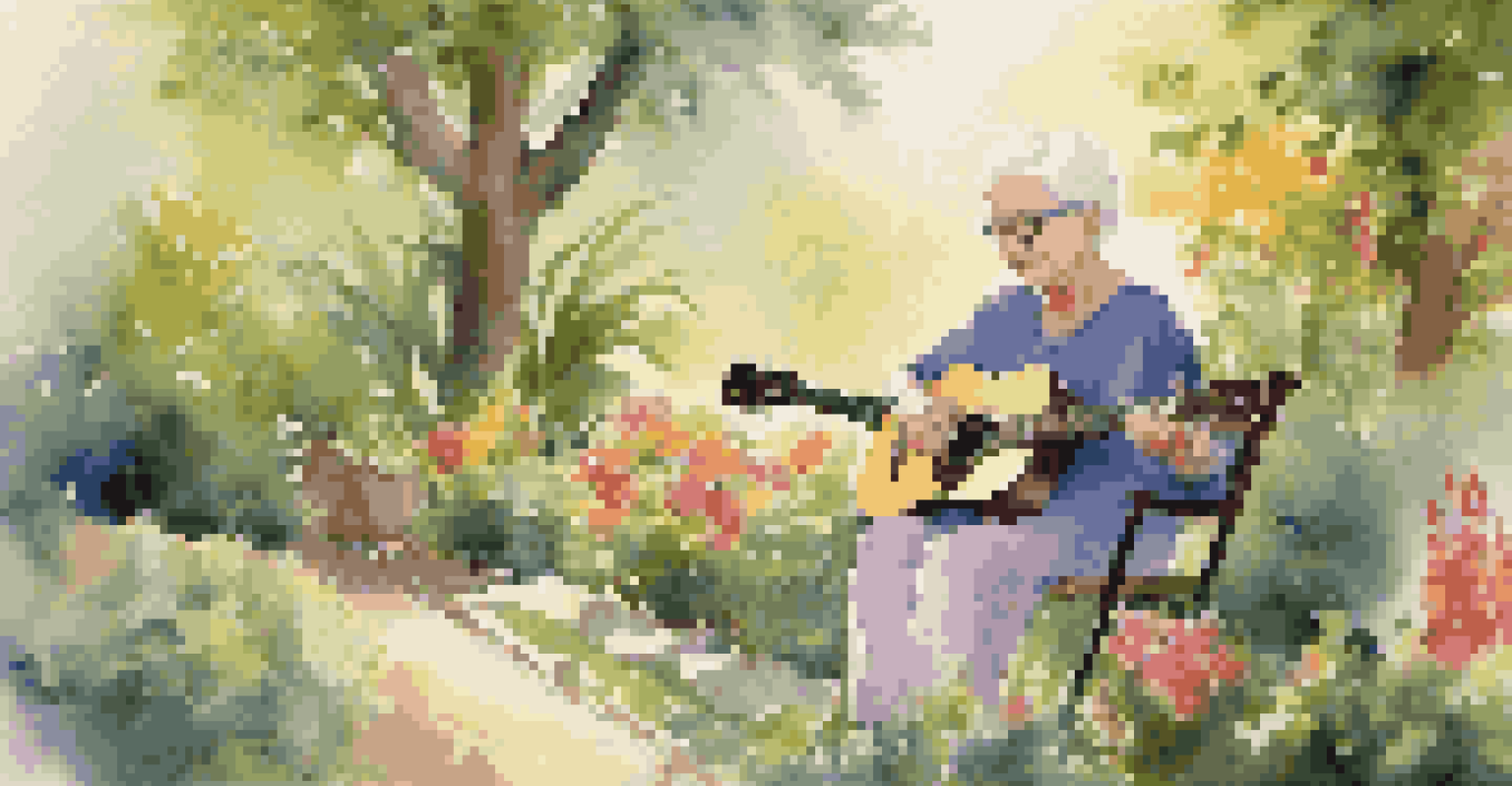 An elderly woman in a garden listening to music, looking peaceful and connected to the moment.