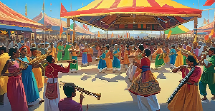 A lively cultural festival with musicians in traditional clothing, colorful banners, and an engaged audience, all bathed in warm golden hour light.