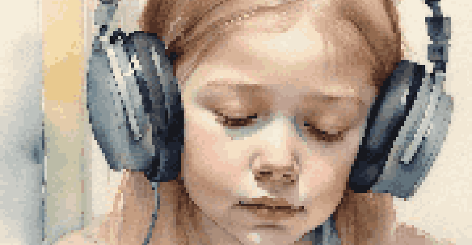 A young girl with headphones enjoying music, with a calm expression in a hospital setting.