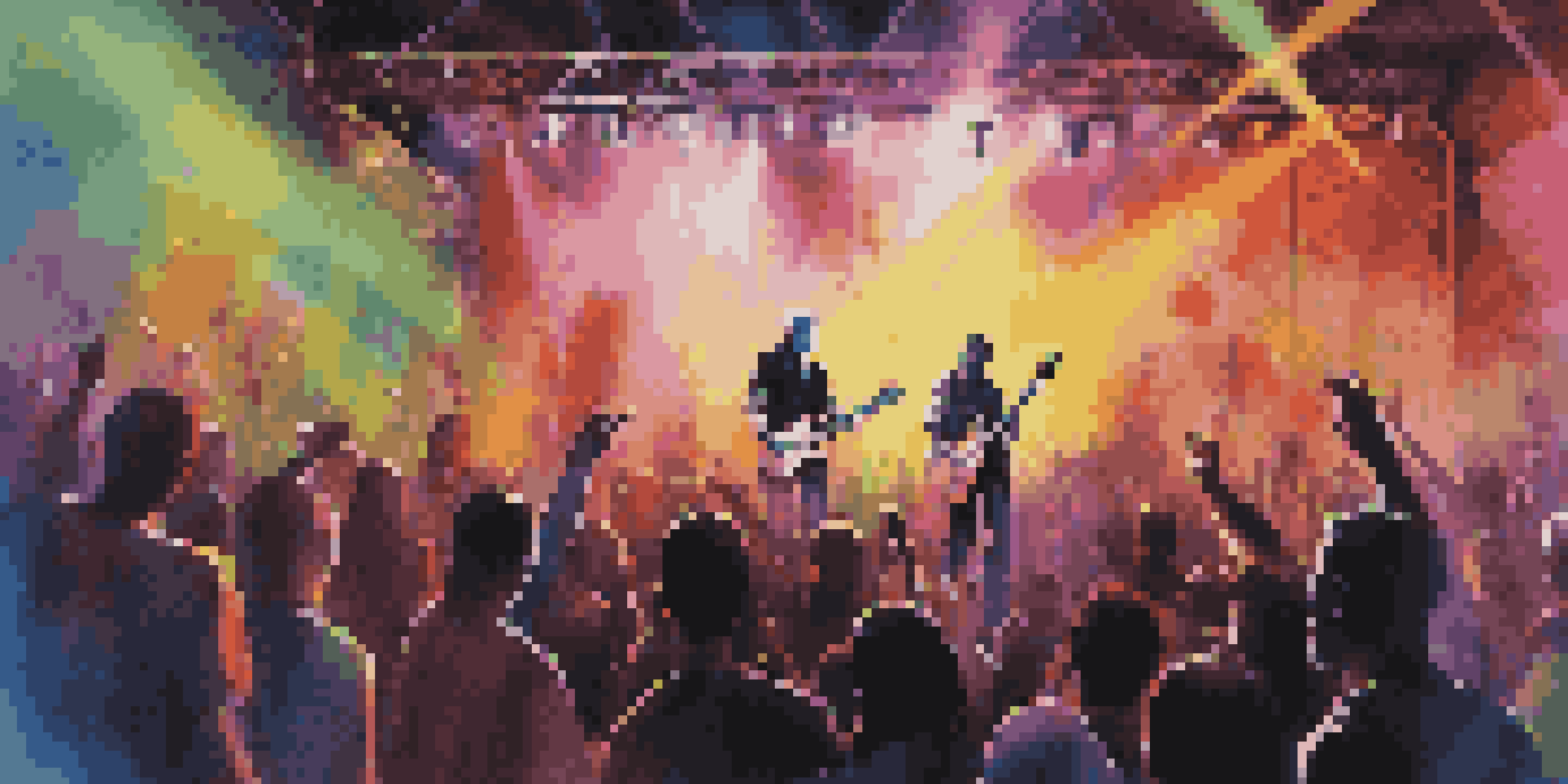 A lively concert with performers blending punk and electronic music, surrounded by a colorful light display and an excited audience.