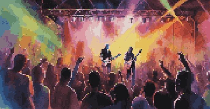 A lively concert with performers blending punk and electronic music, surrounded by a colorful light display and an excited audience.