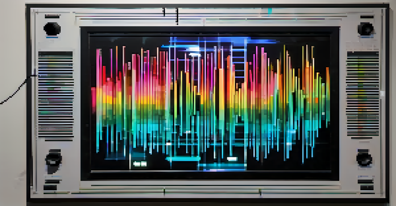 A digital screen displaying colorful sound waveforms with a microphone in the foreground, illuminated by bright neon colors.
