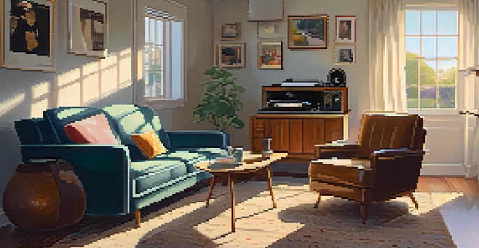 A cozy living room featuring a vintage record player, sunlight streaming through the window, a plush armchair, and framed family photos on the walls.