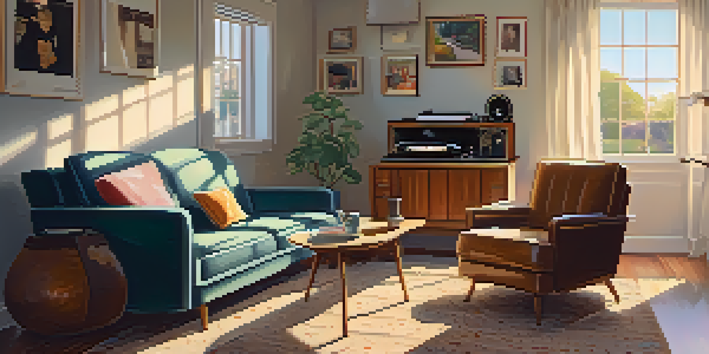 A cozy living room featuring a vintage record player, sunlight streaming through the window, a plush armchair, and framed family photos on the walls.