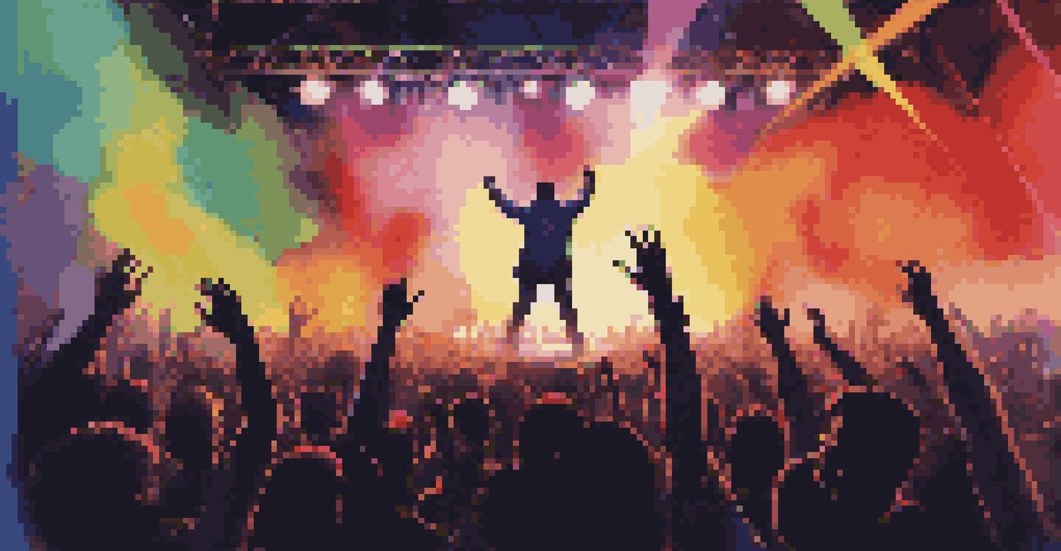 An artist performing on stage with a cheering crowd and colorful stage lights.