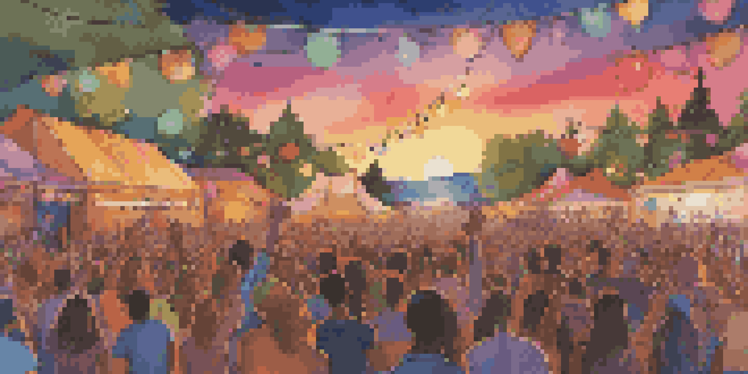 A lively music festival with a diverse crowd, sunset in the background, and a stage with performers, filled with colorful decorations and lights.