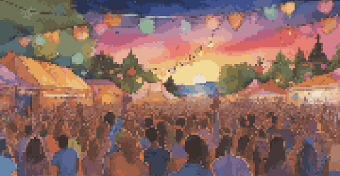 A lively music festival with a diverse crowd, sunset in the background, and a stage with performers, filled with colorful decorations and lights.