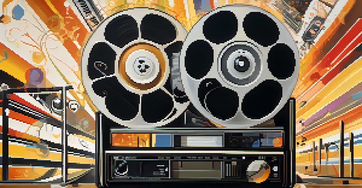 A film reel unwinding with musical notes flowing out, set against silhouettes of diverse musicians in the background.
