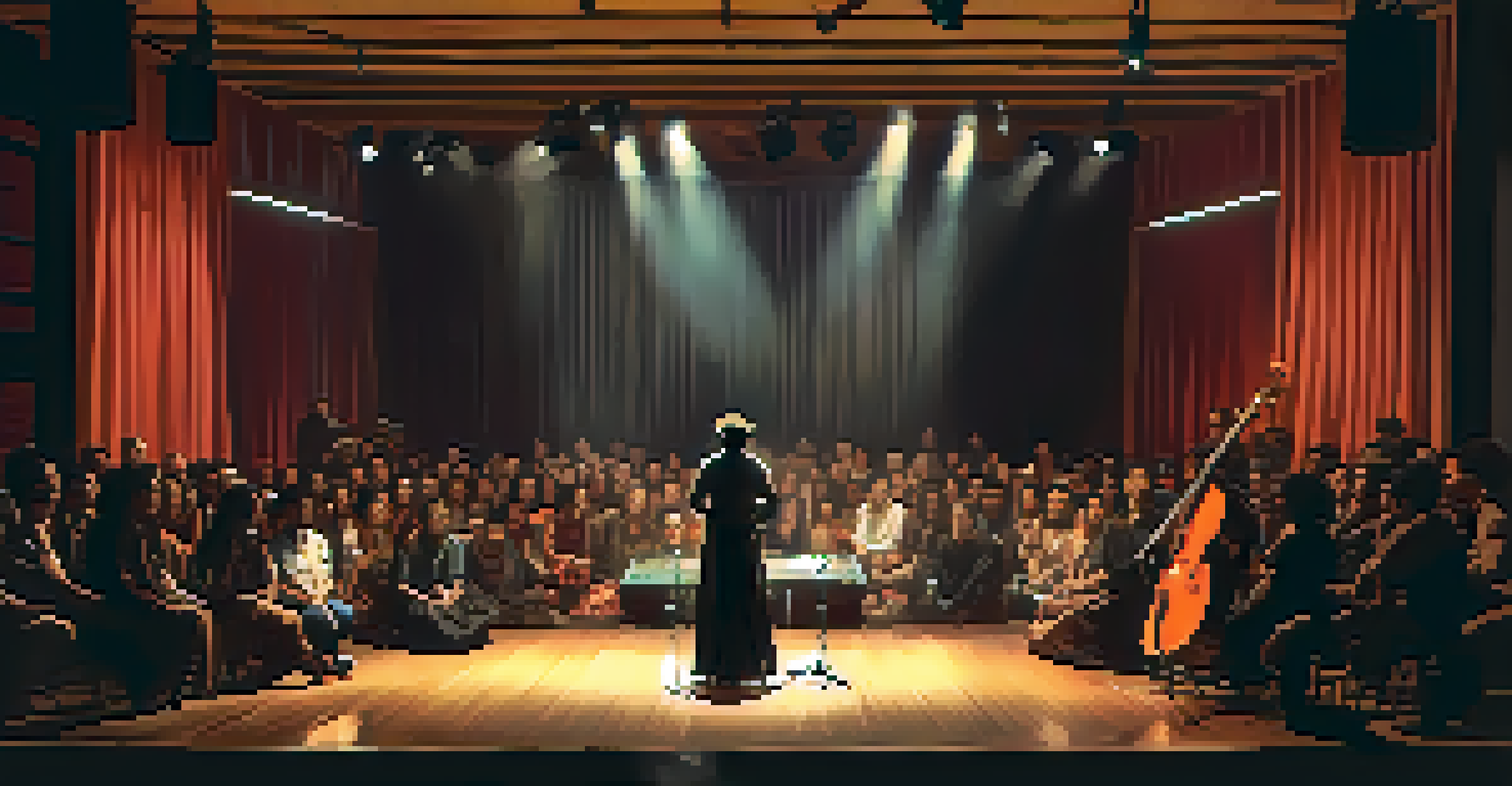 A solo artist performing on a small stage, surrounded by an engaged audience, with warm lights accentuating their cultural outfit.