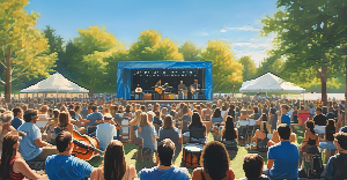 An outdoor concert with musicians on a stage made of recycled materials, surrounded by an engaged audience wearing eco-friendly merchandise.