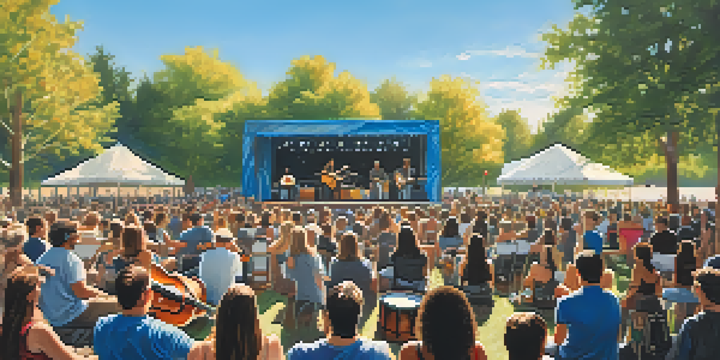 An outdoor concert with musicians on a stage made of recycled materials, surrounded by an engaged audience wearing eco-friendly merchandise.