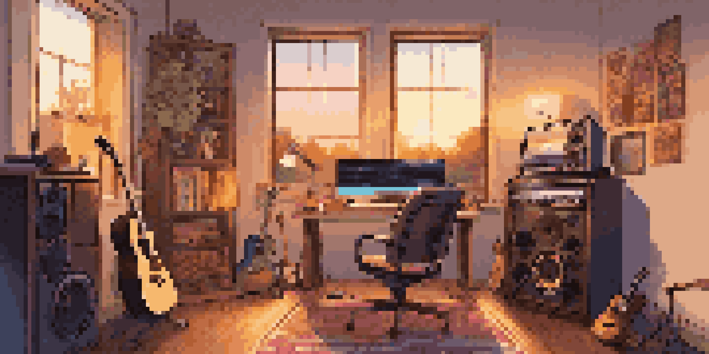 A home music studio with a laptop, guitar, and warm lighting, showing a sunset through the window.