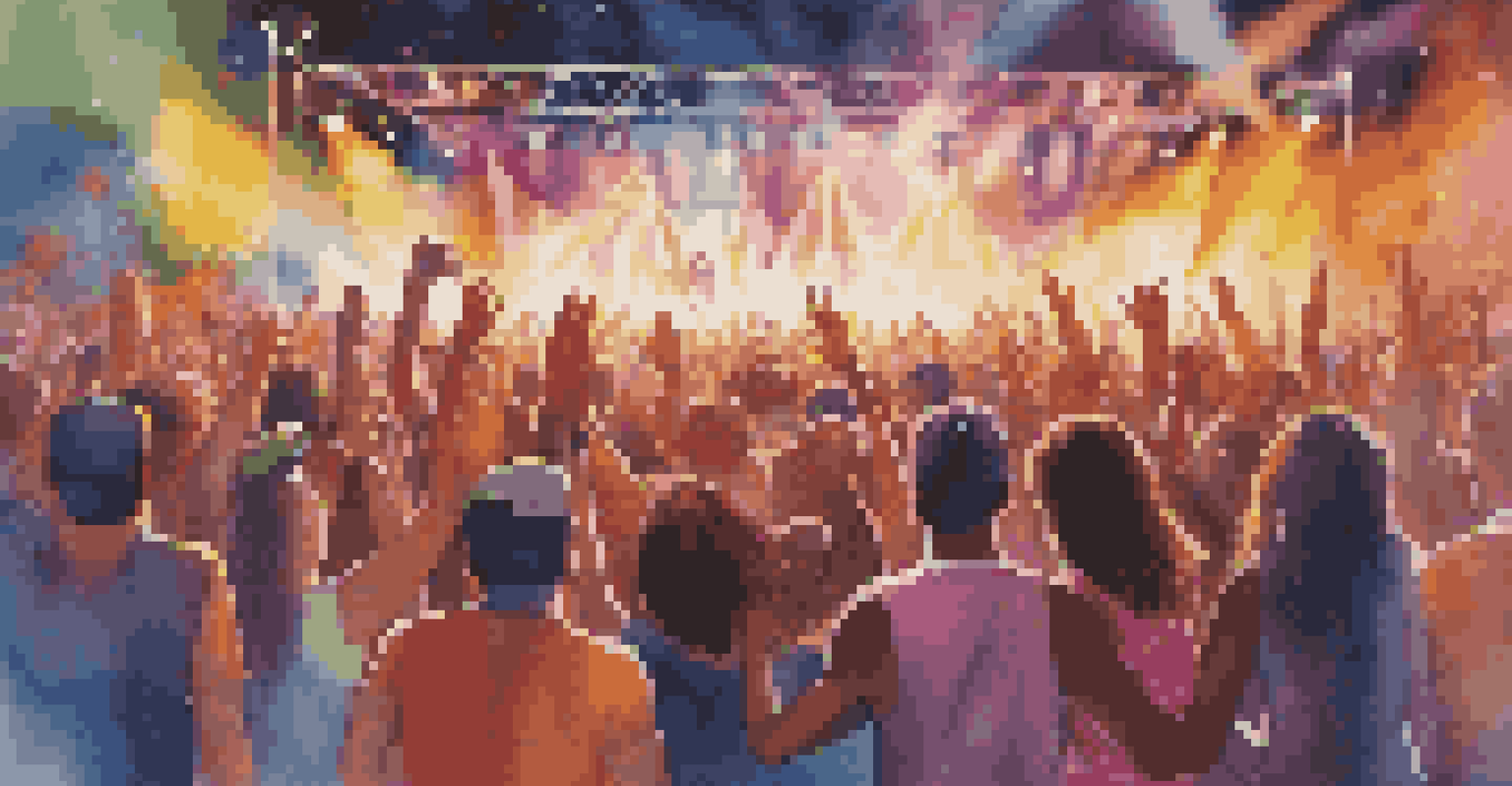 A couple at a lively music festival, holding hands and enjoying a concert amidst a vibrant crowd.