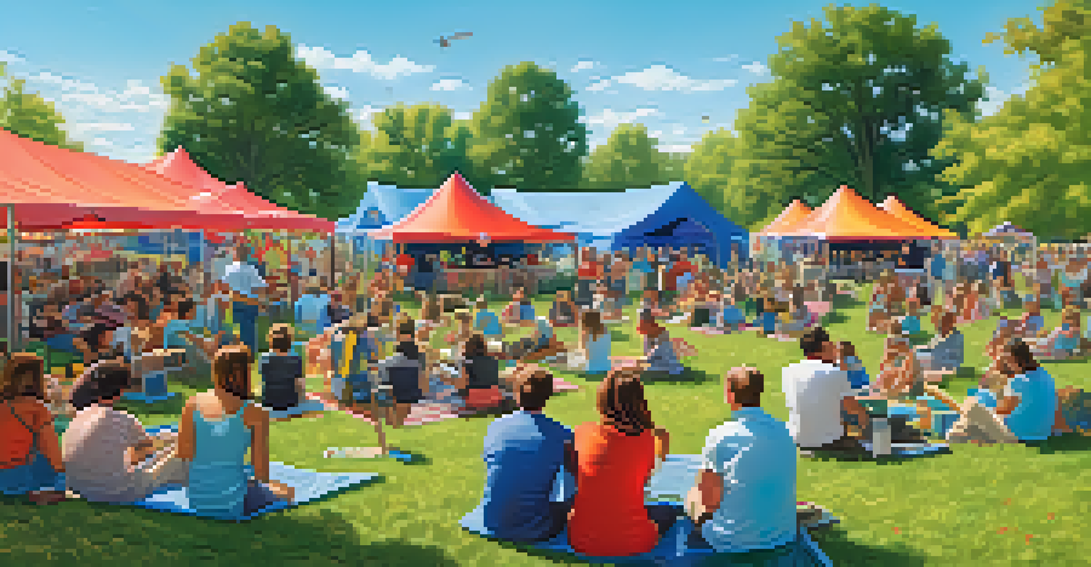 An outdoor community event with a live music stage, colorful tents, and an audience enjoying the performance in a park.