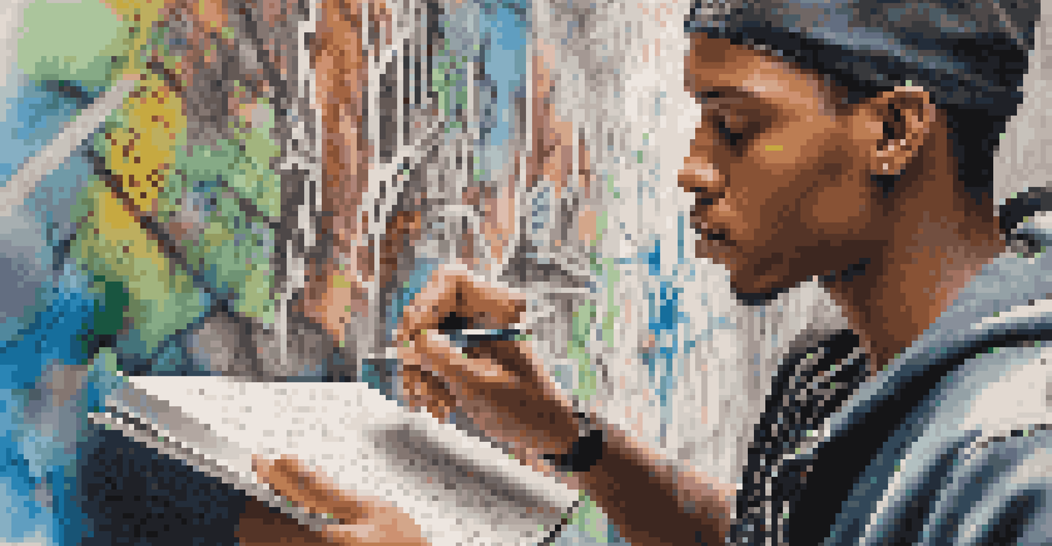 A young artist writing lyrics in a notebook against a graffiti-covered wall, with soft natural light illuminating the scene.