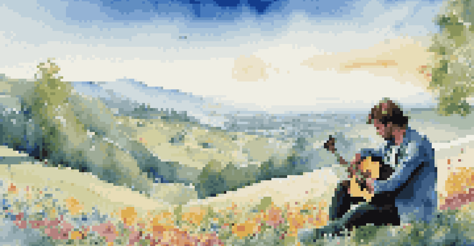 A peaceful scene of a musician with a guitar on a hill, with sound waves and musical notes displayed in the air.