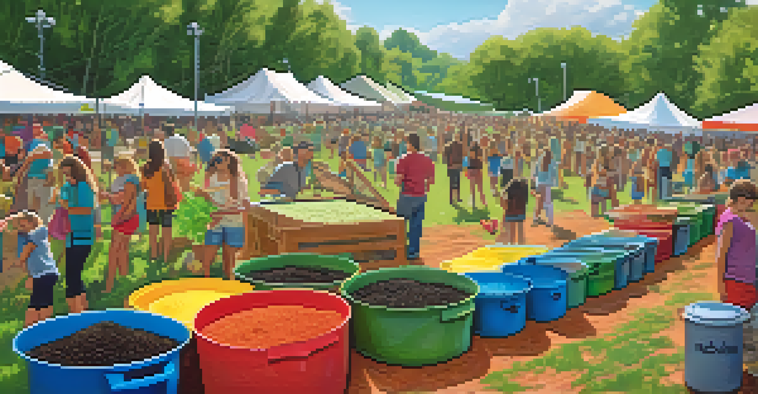 Eco-friendly practices at a music festival, featuring composting stations and attendees with reusable containers.