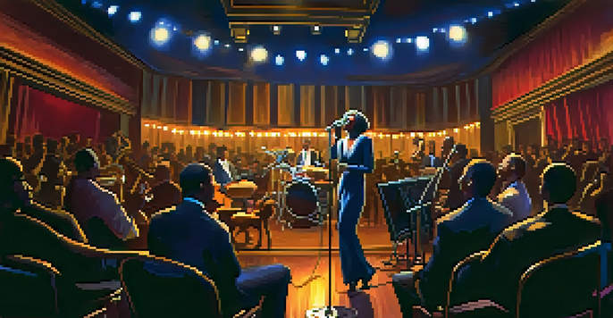 A female jazz singer passionately performing in a cozy jazz club with warm stage lights, a captivated audience, and musical instruments in the background.