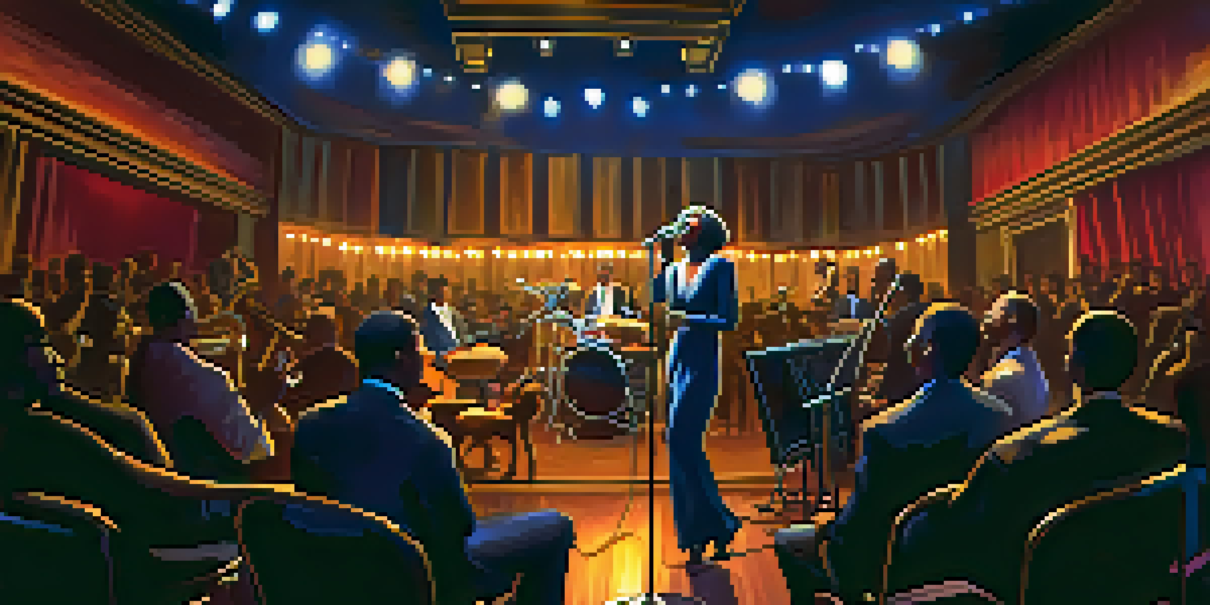 A female jazz singer passionately performing in a cozy jazz club with warm stage lights, a captivated audience, and musical instruments in the background.