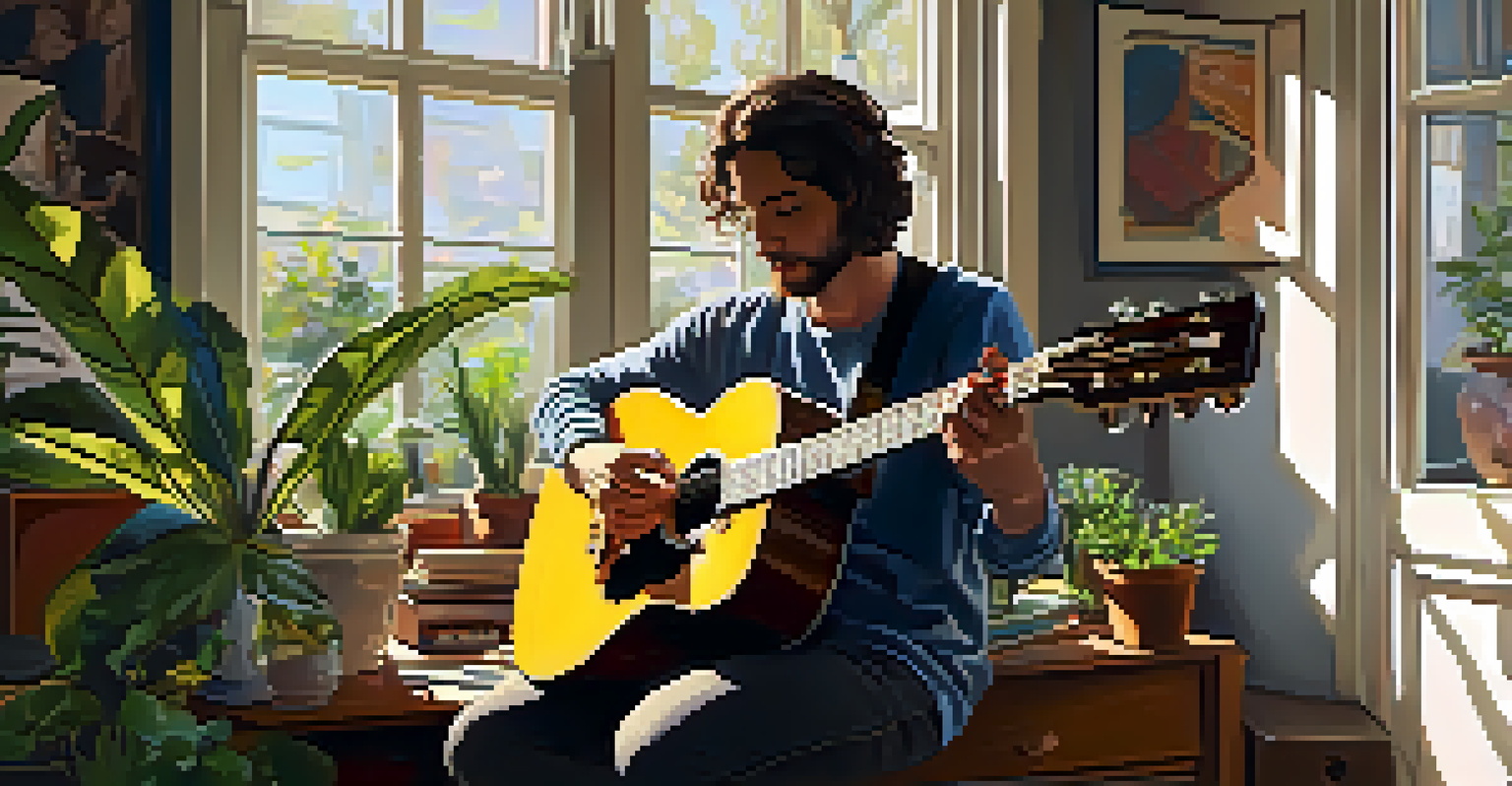 An artist playing acoustic guitar in a home studio filled with posters and plants.