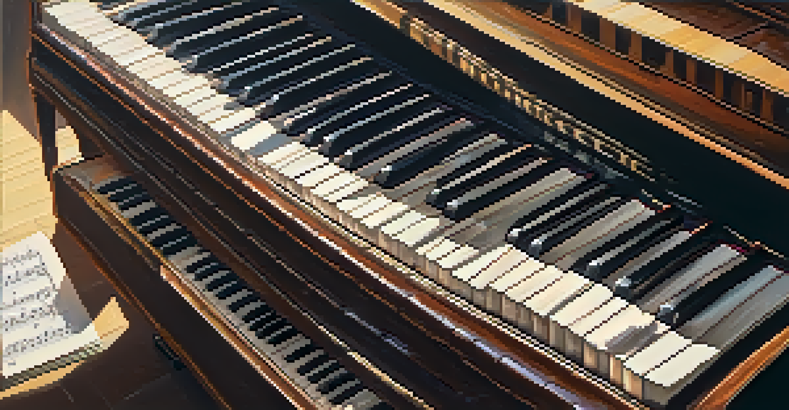 A close-up of a vintage piano keyboard with sunlight illuminating the keys and scattered sheet music.