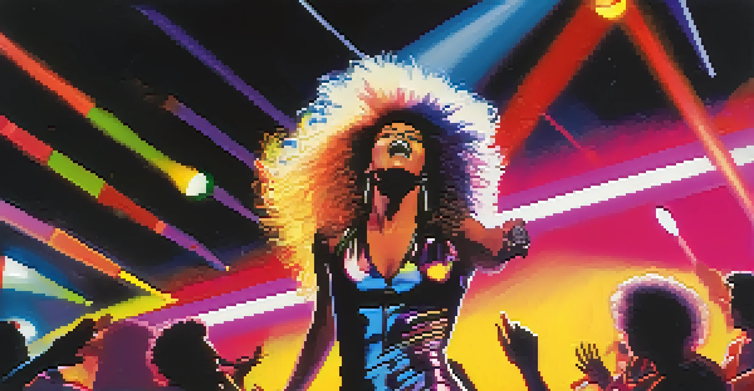 A powerful female singer performing on a neon-lit stage in the 1980s, with vibrant lights and a cheering audience, showcasing the energy of pop music.