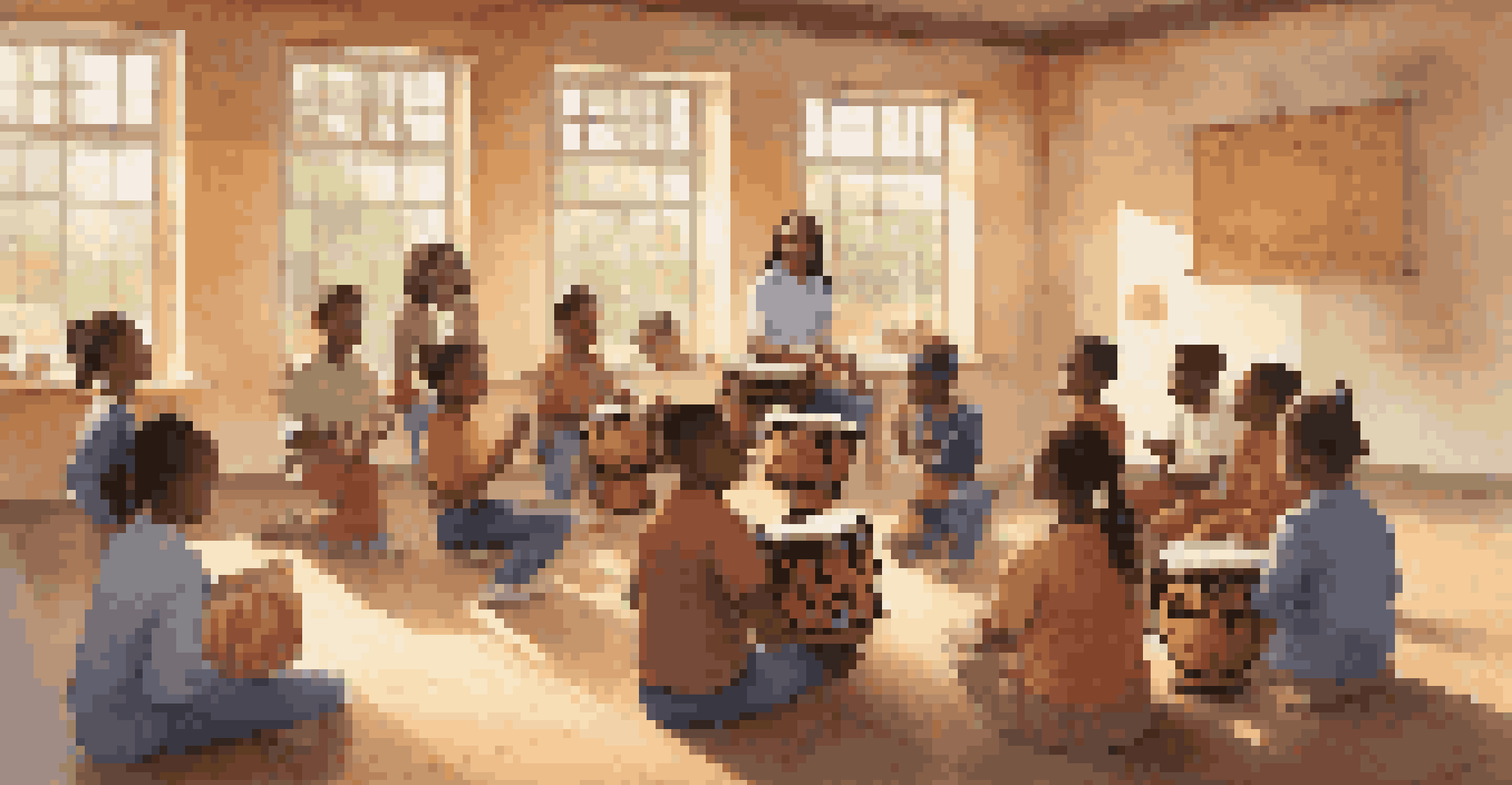 A diverse classroom with students learning about music, focused on a teacher playing an African drum, surrounded by colorful educational posters.