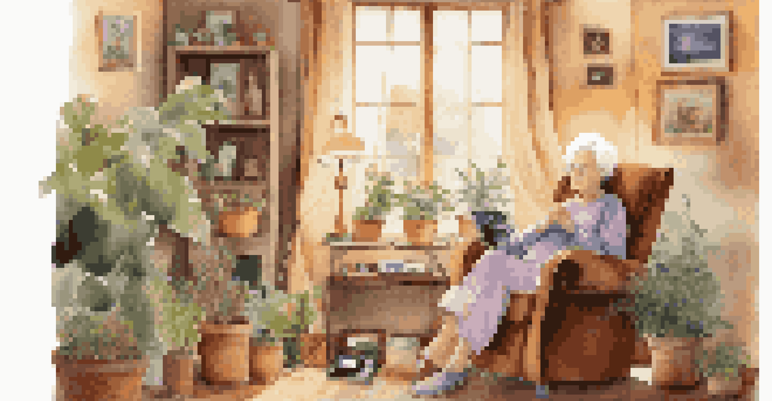 An elderly woman enjoying music in a cozy room filled with personal items and warm lighting.