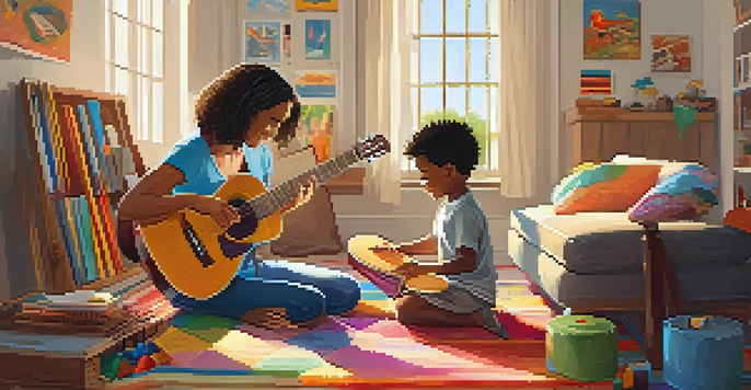 A music therapist engaging with a happy child in a bright room filled with musical instruments, creating a warm and inviting atmosphere.