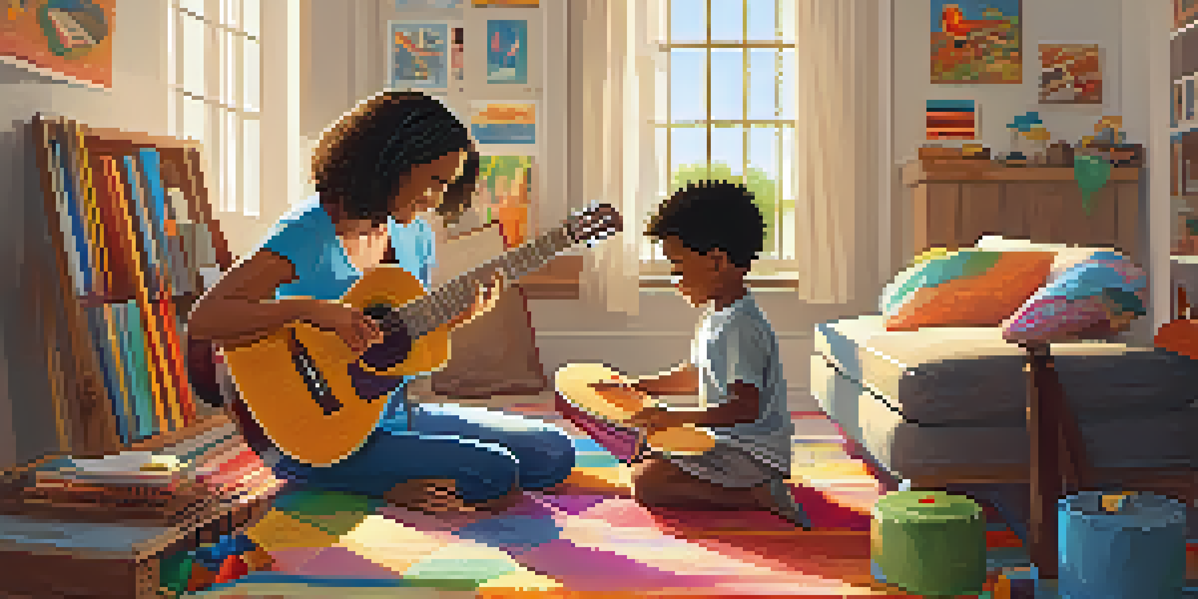 A music therapist engaging with a happy child in a bright room filled with musical instruments, creating a warm and inviting atmosphere.