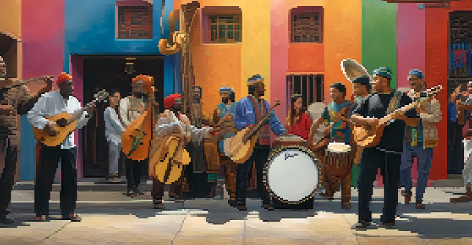 A diverse group of musicians playing traditional instruments against a colorful mural celebrating cultural diversity.