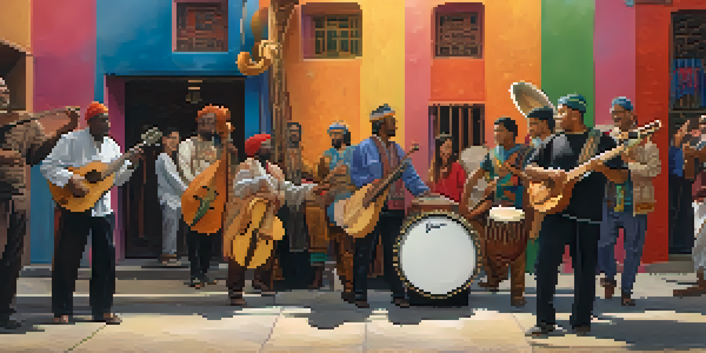 A diverse group of musicians playing traditional instruments against a colorful mural celebrating cultural diversity.