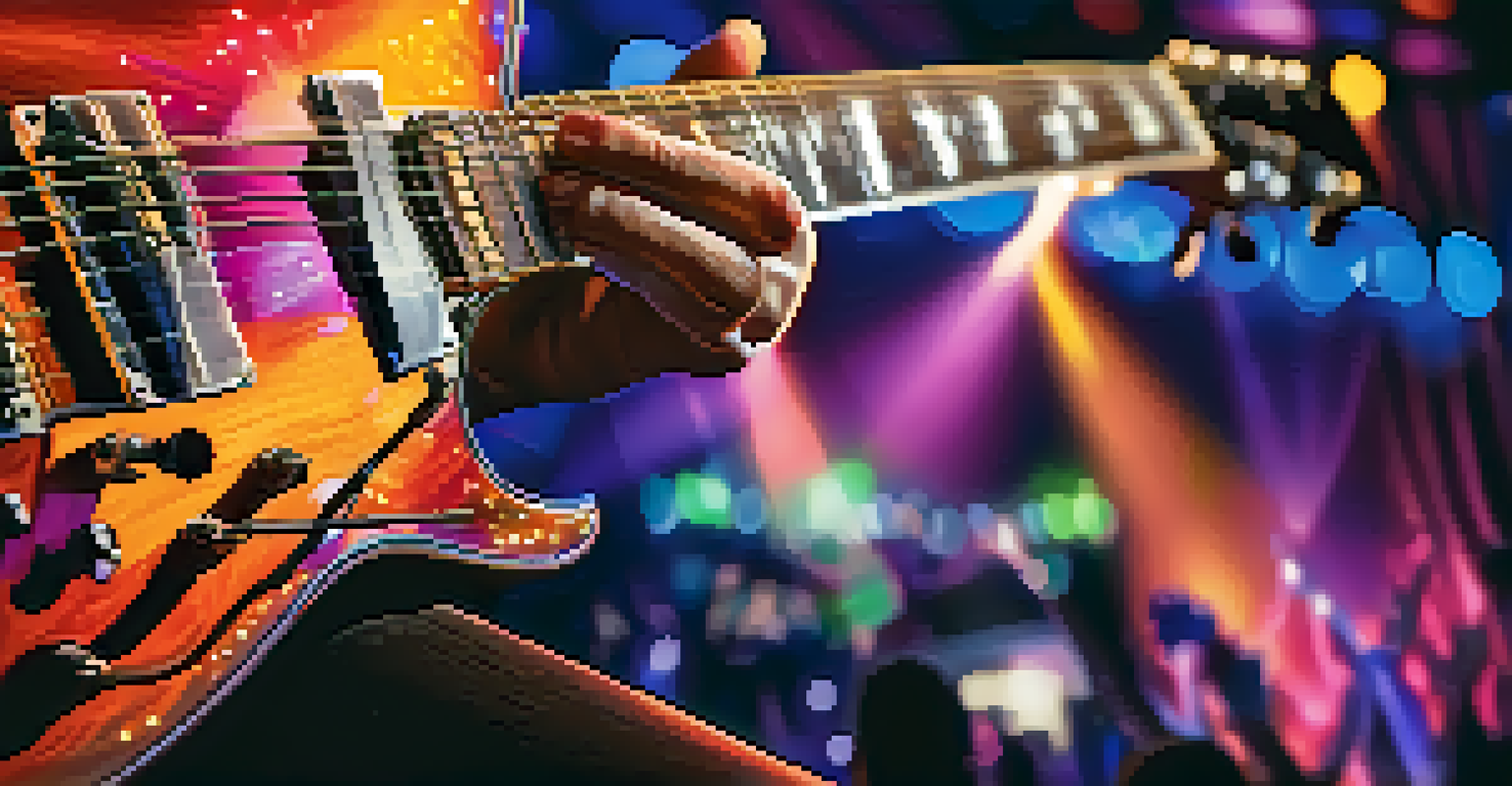 A close-up of a musician's hands playing a guitar with colorful stage lights in the background.