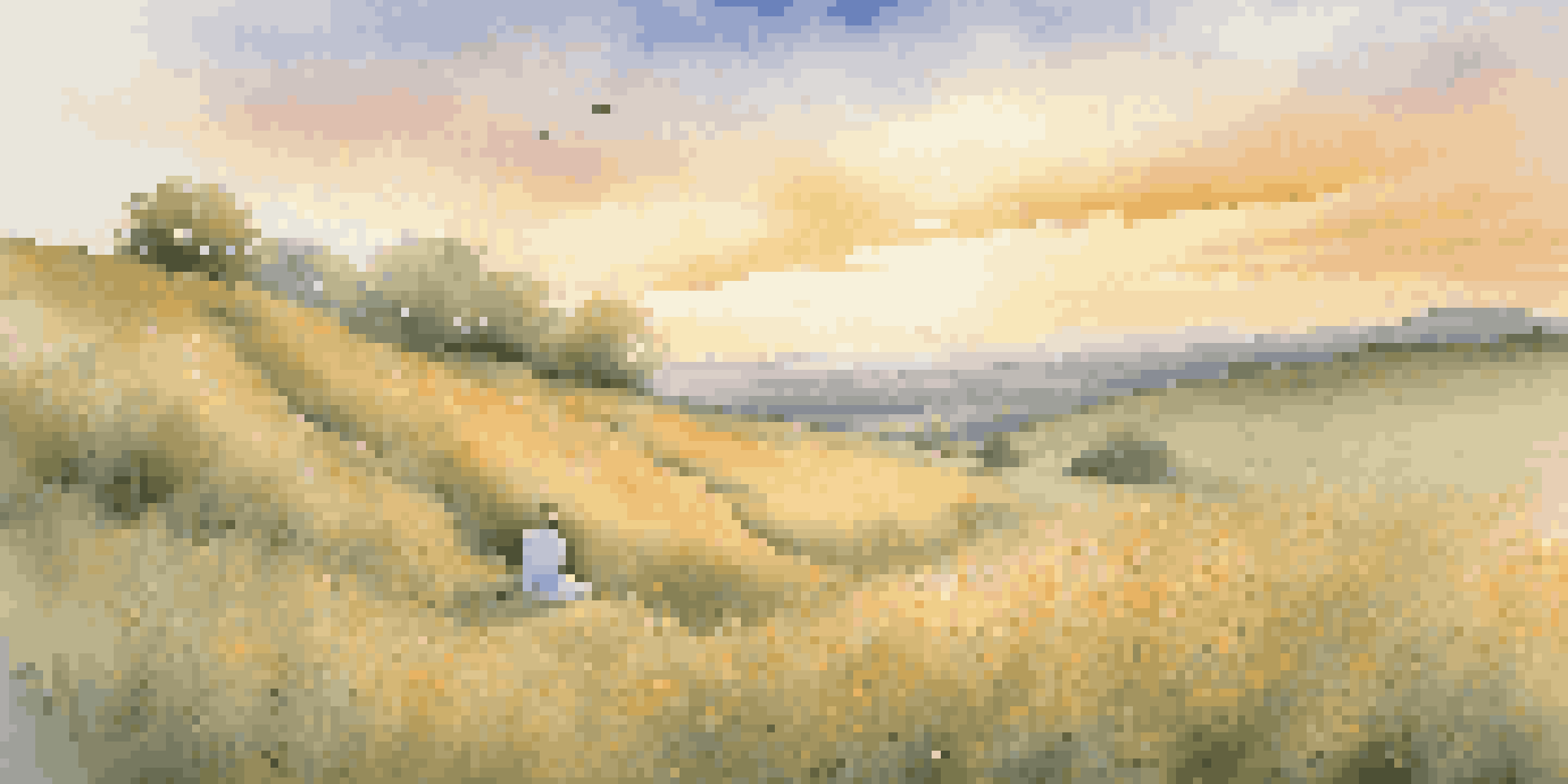 A person meditating on a grassy hill at sunrise, surrounded by wildflowers and visual music notes swirling around them.
