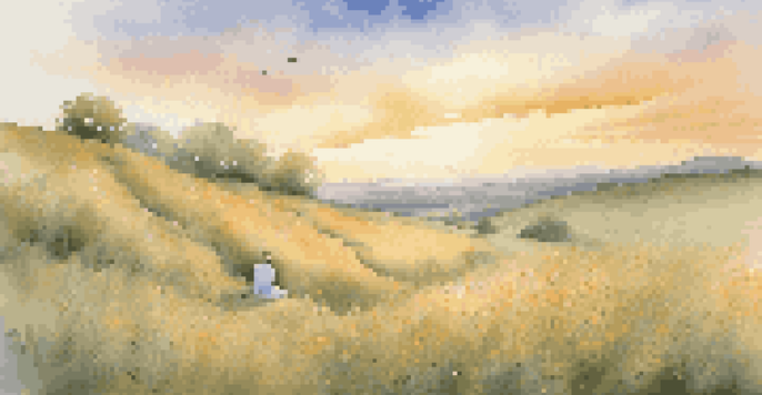 A person meditating on a grassy hill at sunrise, surrounded by wildflowers and visual music notes swirling around them.