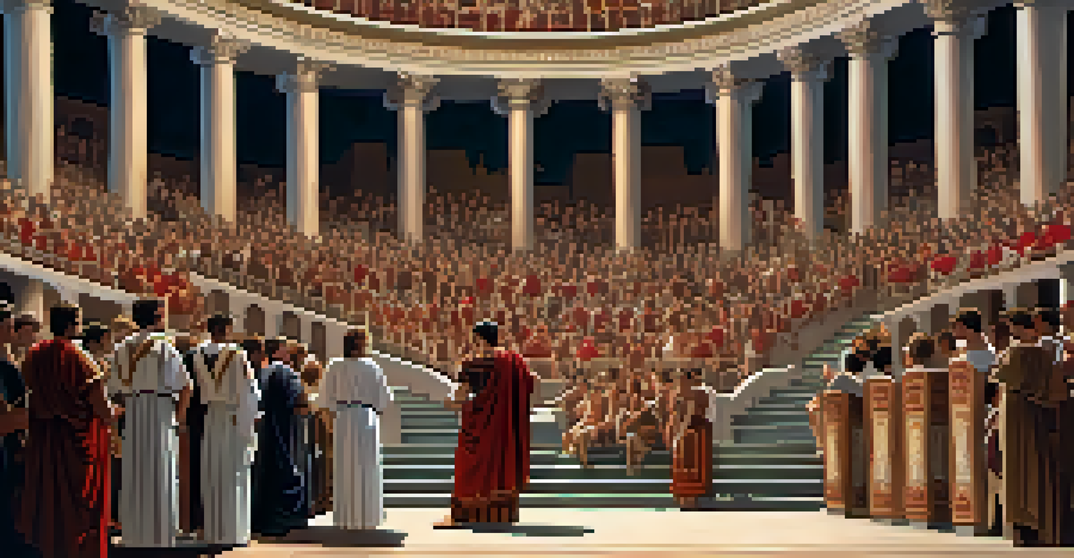 A Roman theater performance featuring actors on stage and musicians, surrounded by an audience in traditional attire.