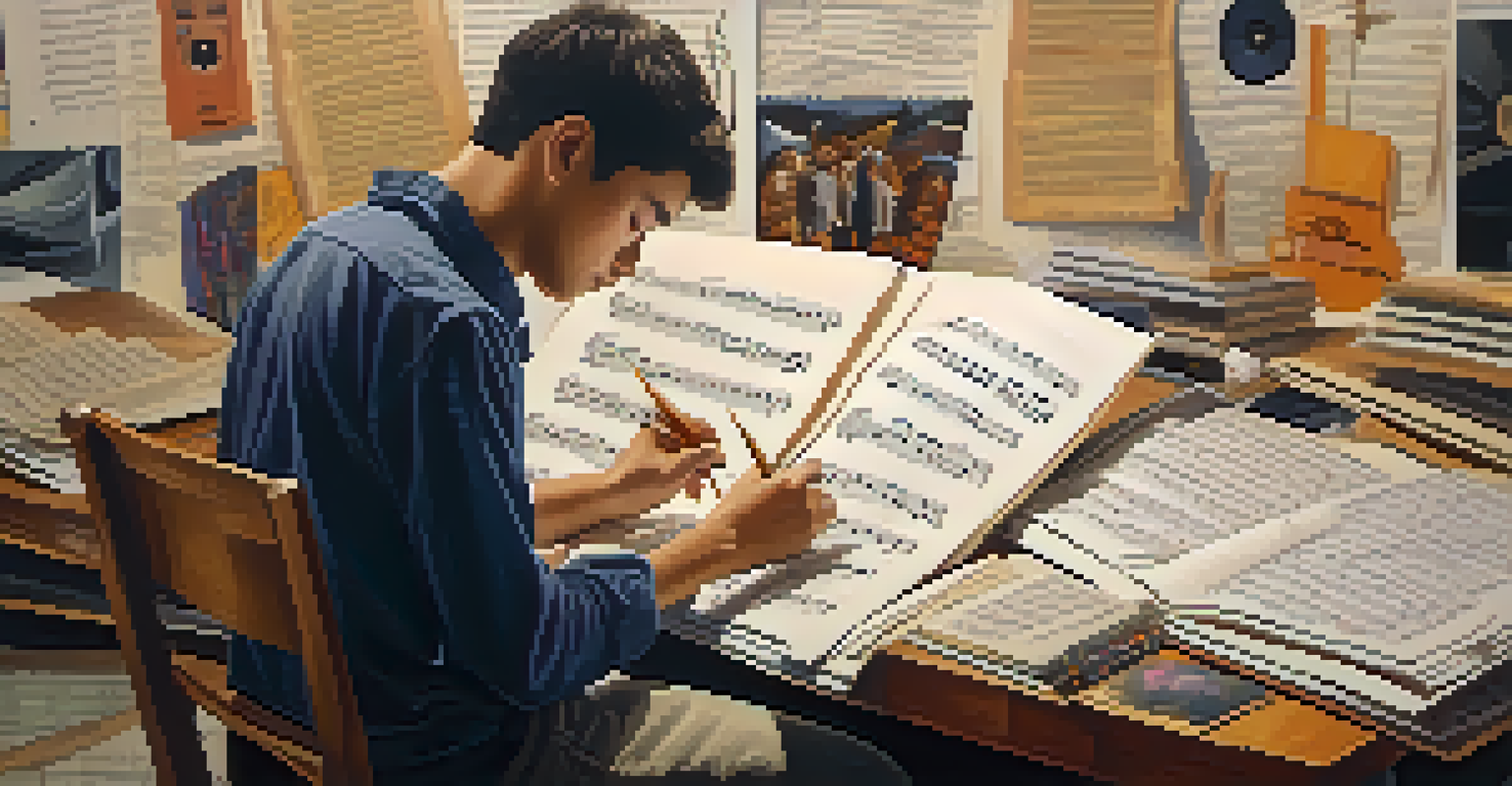 A student analyzing music sheets with notes and instruments around, deep in thought and creativity in a vibrant environment.
