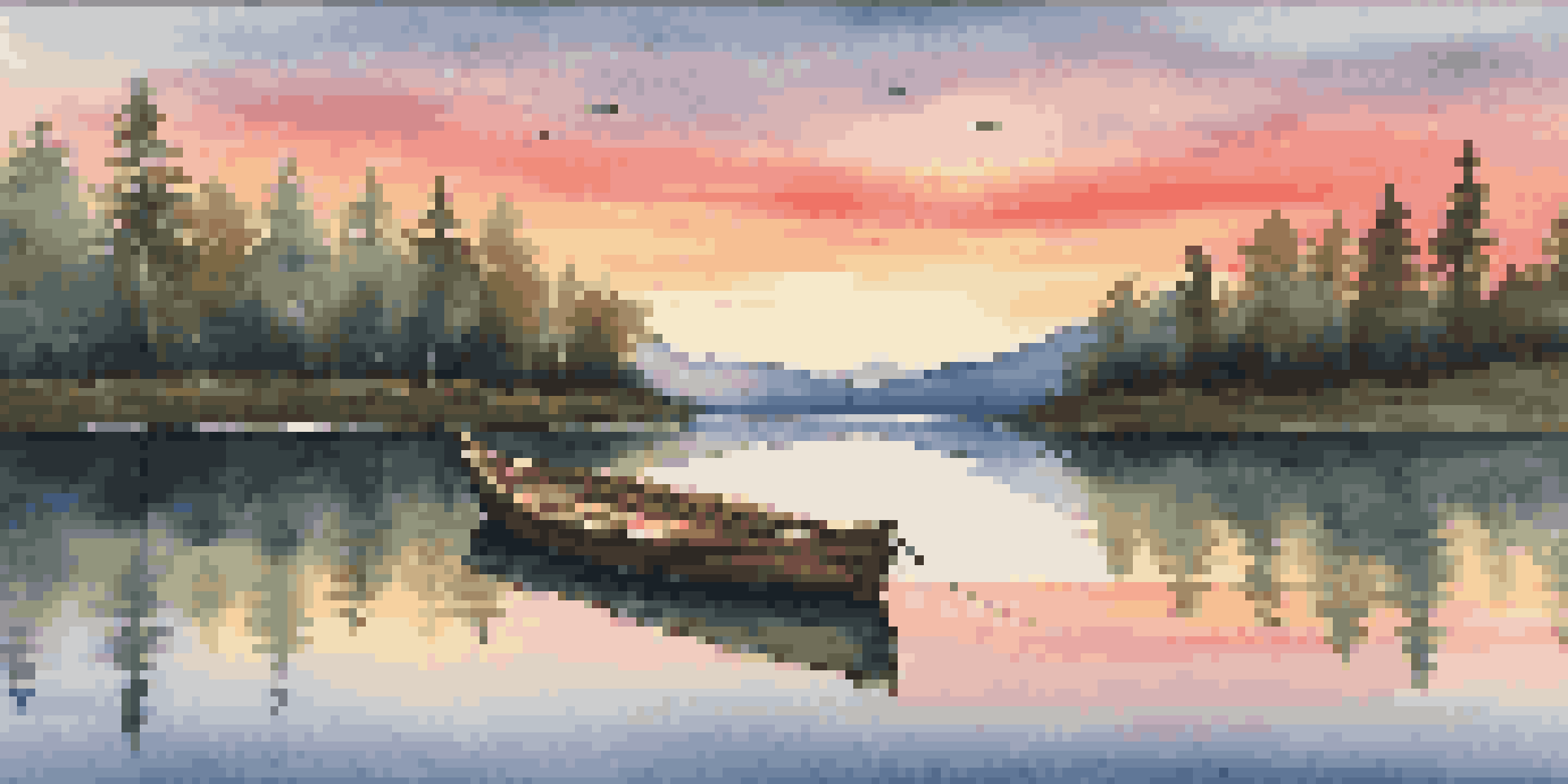 A tranquil sunset over a lake surrounded by forests and mountains, with a small boat floating on the water.