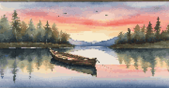 A tranquil sunset over a lake surrounded by forests and mountains, with a small boat floating on the water.