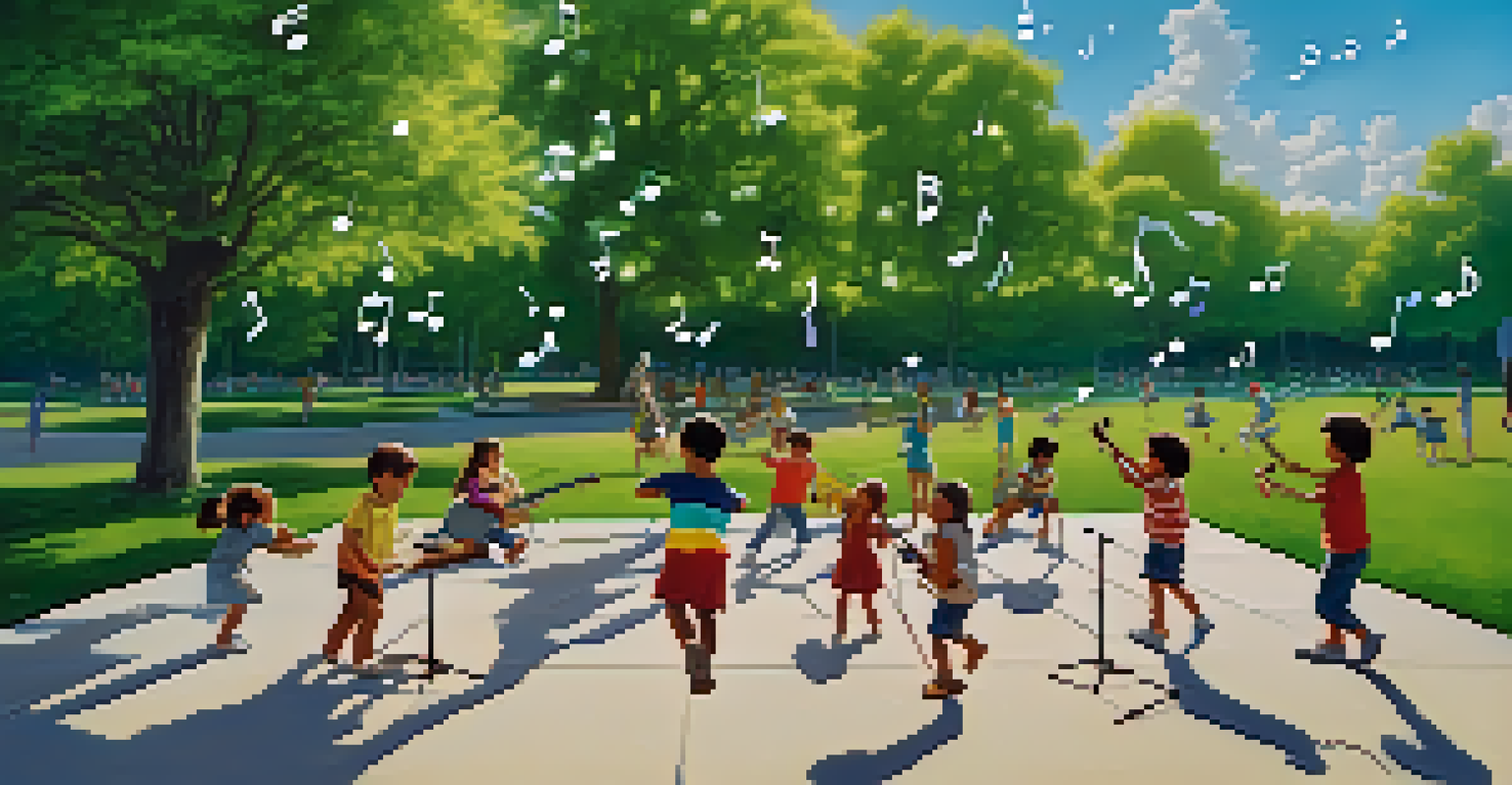 Children playing musical games in a park, surrounded by nature and musical notes in the air.