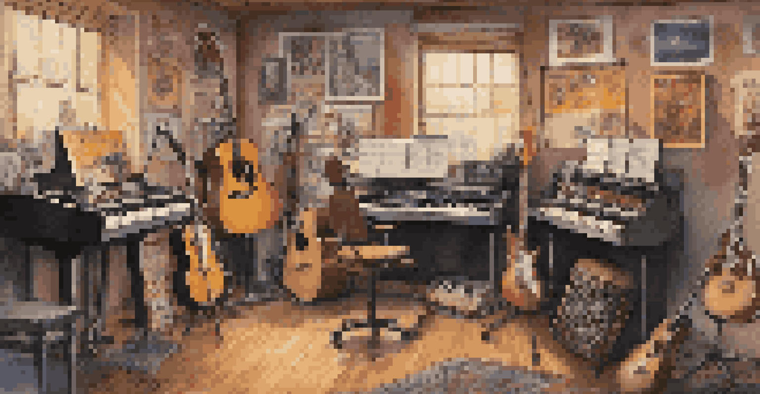 A vibrant youth music studio with instruments and posters, featuring a young artist recording music in a cozy, warmly lit environment.