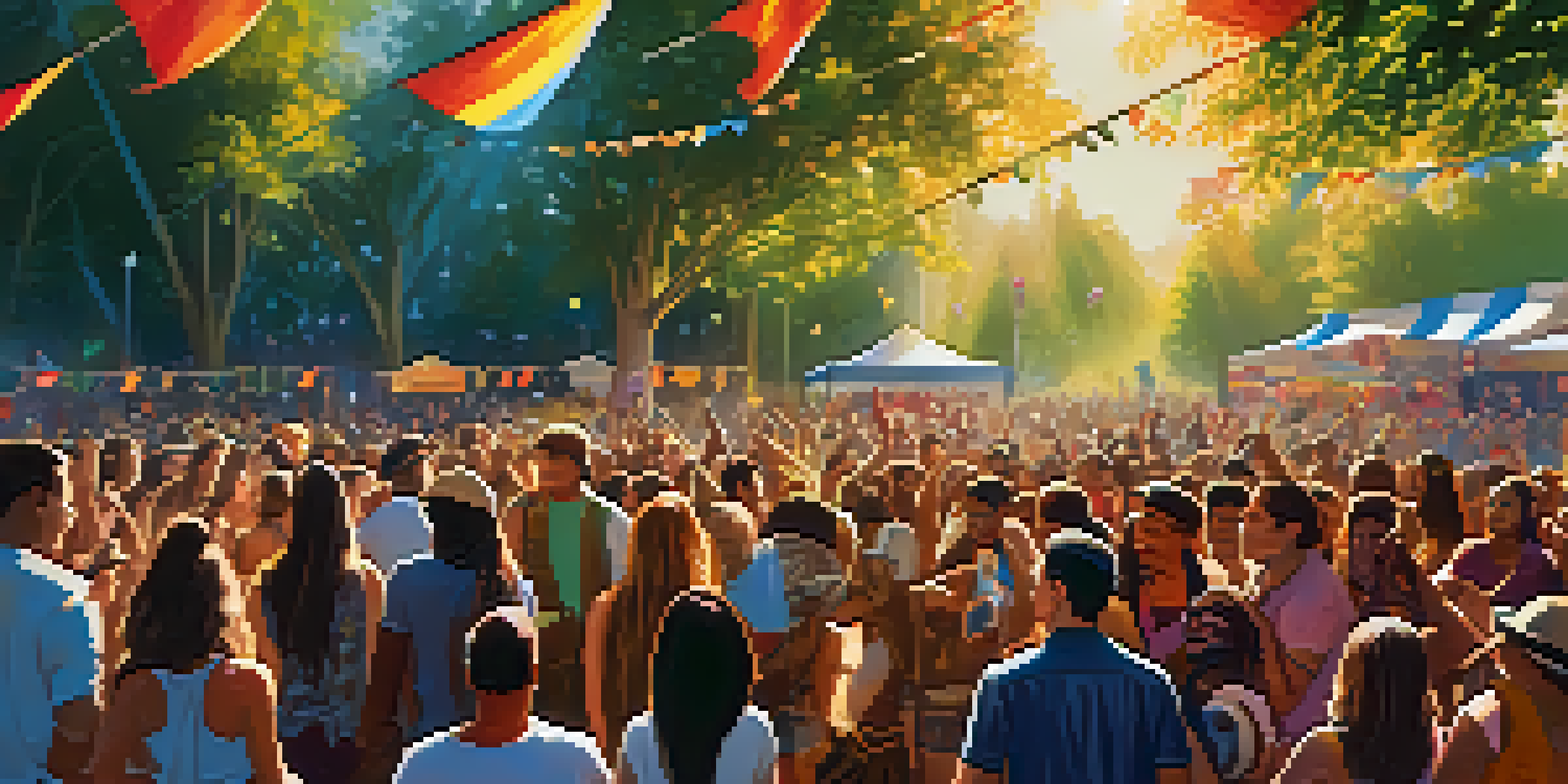 A lively music festival with diverse musicians on stage, colorful cultural banners, and an enthusiastic audience dancing in the sunlight.