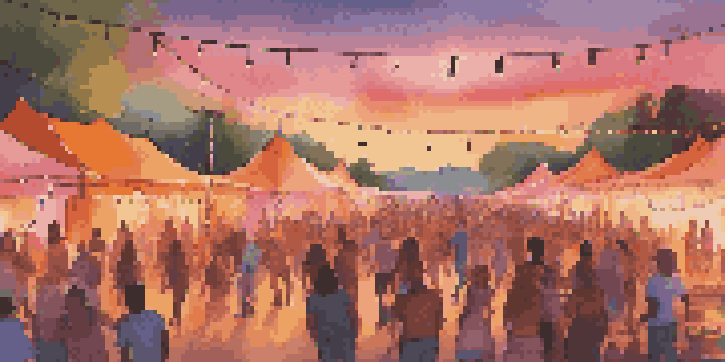 A lively outdoor music festival at sunset with people dancing and colorful tents.