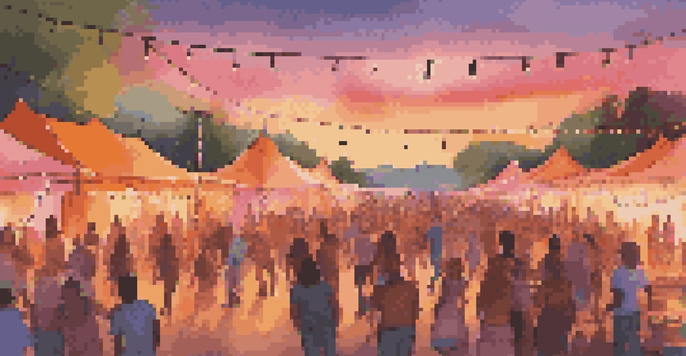 A lively outdoor music festival at sunset with people dancing and colorful tents.