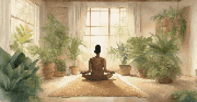 A peaceful meditation space with a person meditating on a mat surrounded by indoor plants and soft lighting.