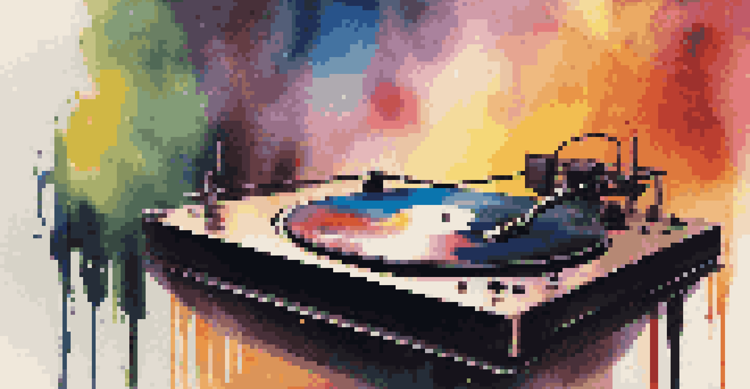 A vinyl record spinning on a turntable with colorful sound waves, set against a blurred crowd at a live music performance.